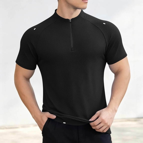 LEKWK Mens Athletic Tops Short Sleeve Quarter Zip Workout Shirts Slim Fit Mock Neck Textured Quick Dry Lightweight Workout Running Gym Tops Black XXXL