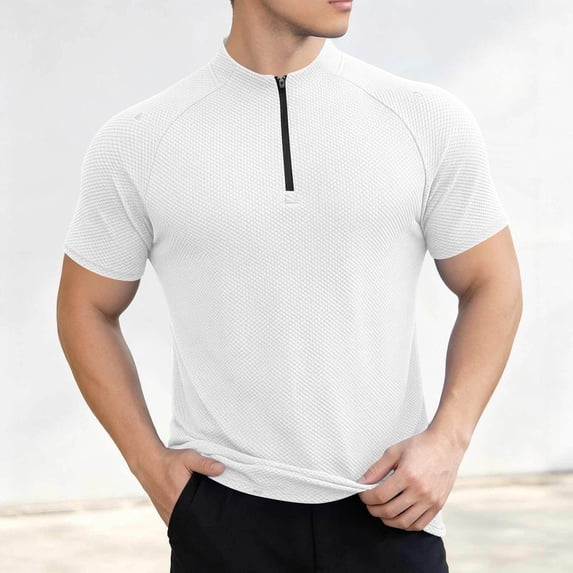 LEKWK Mens Athletic Tops Short Sleeve Quarter Zip Workout Shirts Slim Fit Mock Neck Textured Quick Dry Lightweight Workout Running Gym Tops White L