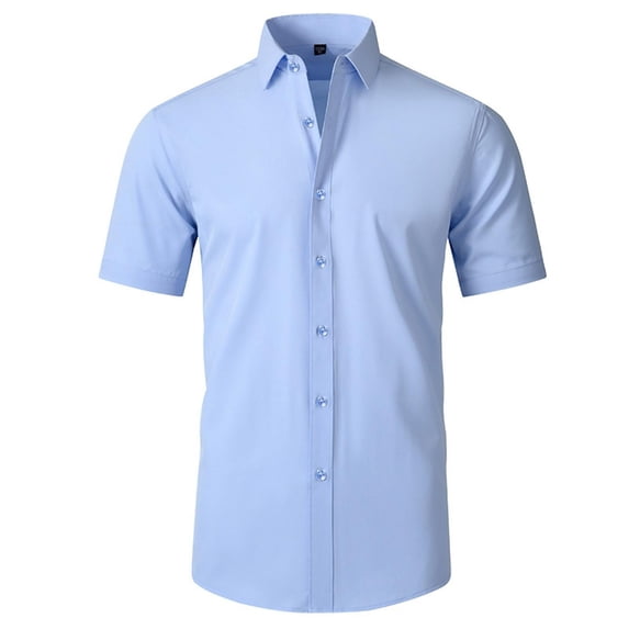 LEKWK Mens Button Down Shirt Loose Fit Short Sleeve Collared Tops Athletic Solid Color Lightweight Casual Work Office Summer Tops Shirts Blue M