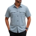 thumbnail image 1 of LEKWK Mens Button Down Shirt Short Sleeve Collared Hiking Tops with Dual Chest Pockets Utility Casual Work Travel Summer Shirts Blue S, 1 of 6