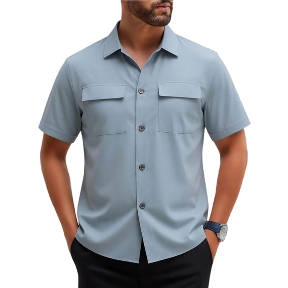 LEKWK Mens Button Down Shirt Short Sleeve Collared Hiking Tops with Dual Chest Pockets Utility Casual Work Travel Summer Shirts Blue S