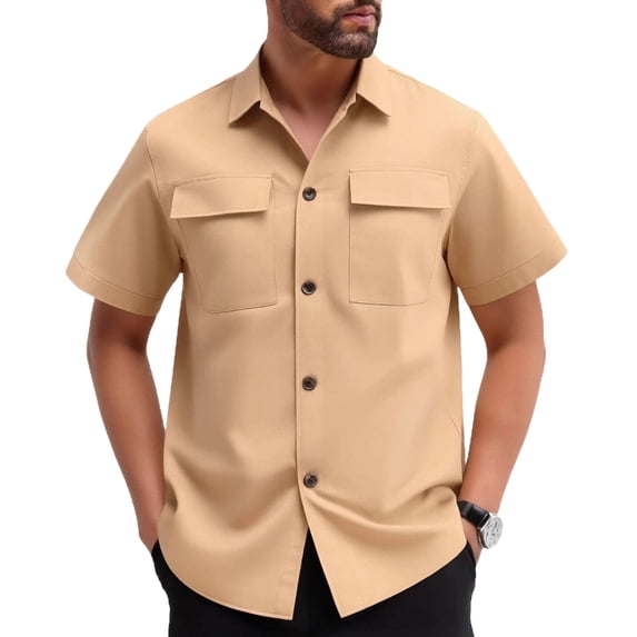 LEKWK Mens Button Down Shirt Short Sleeve Collared Hiking Tops with Dual Chest Pockets Utility Casual Work Travel Summer Shirts Khaki M