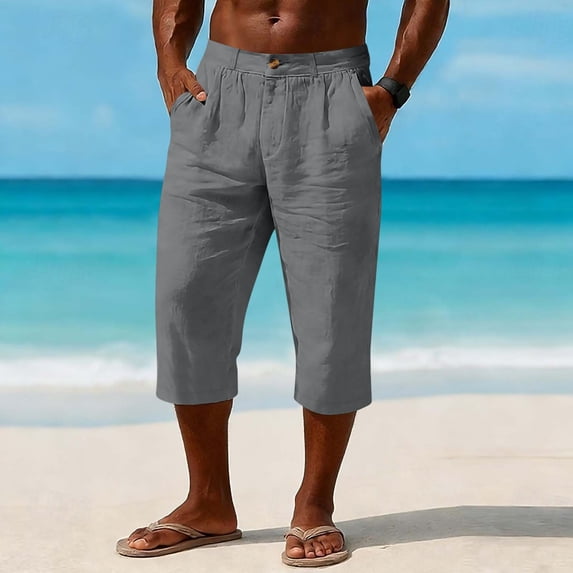 LEKWK Mens Capri Pants Elastic Waist Casual Linen Capri Pants Lightweight Loose Pull On Lounge Pants with Pockets Summer Beach Vacation Outfits