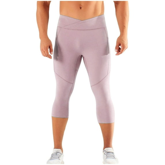 LEKWK Mens Capri Pants Skinny Fit Cross Waist Design with Side Pockets Workout Pants High Elasticity Breathable Texture Athletic Pants Training