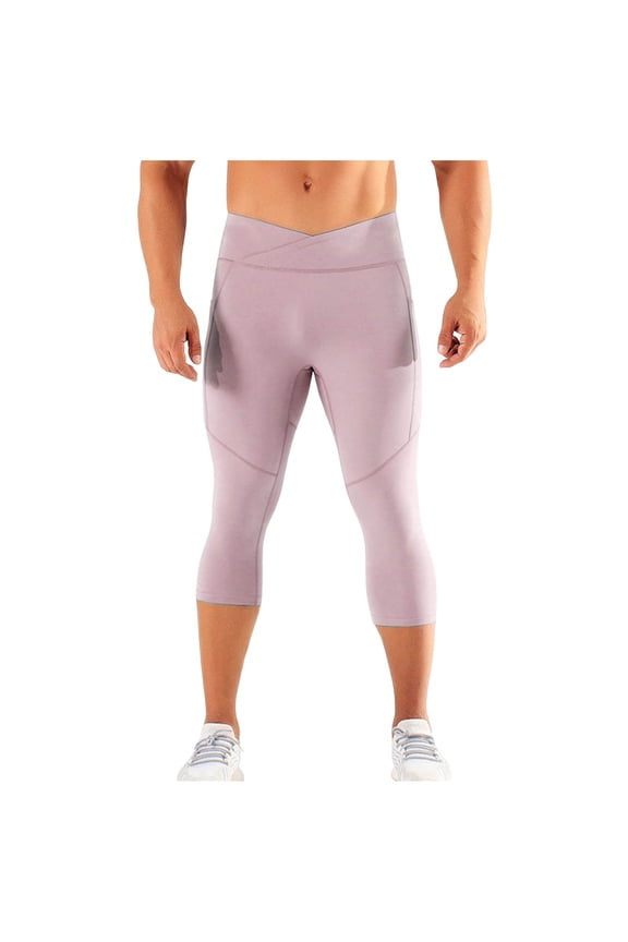 Mens Capri Pants Skinny Fit Cross Waist Design with Side Pockets Workout Pants High Elasticity Breathable Texture Athletic Pants Training