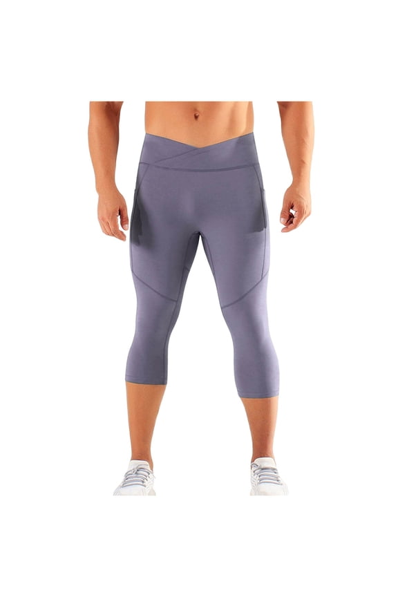 Mens Capri Pants Skinny Fit Cross Waist Design with Side Pockets Workout Pants High Elasticity Breathable Texture Athletic Pants Training