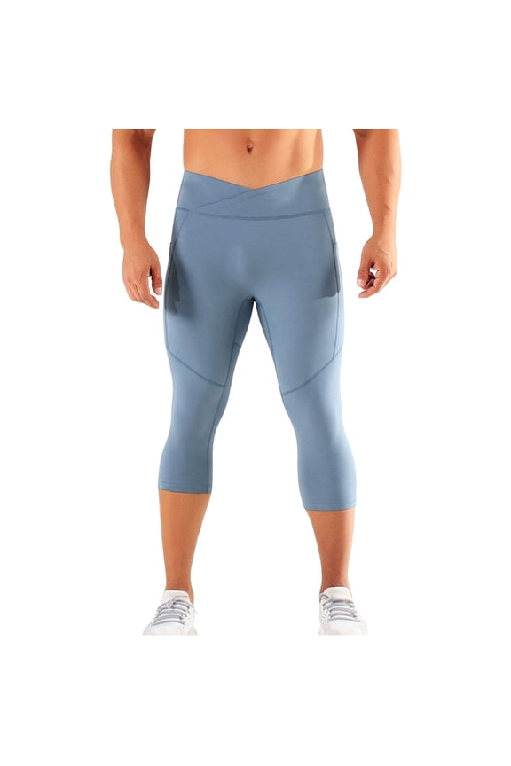 Mens Capri Pants Skinny Fit Cross Waist Design with Side Pockets Workout Pants High Elasticity Breathable Texture Athletic Pants Training