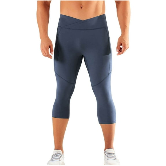 LEKWK Mens Capri Pants Skinny Fit Cross Waist Design with Side Pockets Workout Pants High Elasticity Breathable Texture Athletic Pants Training