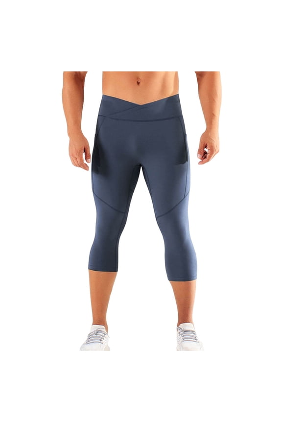 Mens Capri Pants Skinny Fit Cross Waist Design with Side Pockets Workout Pants High Elasticity Breathable Texture Athletic Pants Training