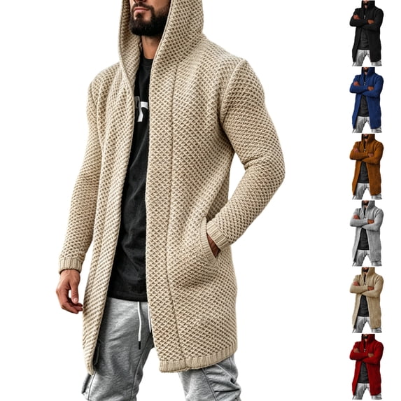 LEKWK Mens Cardigan Sweater Big and Tall Open Front Hooded Long Sleeve Sweater Knit Slouchy Lightweight Soft Fall Winter Casual Lounge Outerwear