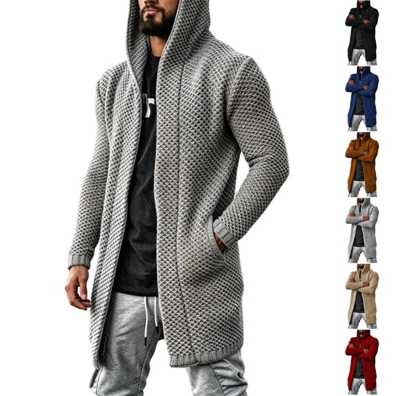 LEKWK Mens Cardigan Sweater Big and Tall Open Front Hooded Long Sleeve Sweater Knit Slouchy Lightweight Soft Fall Winter Casual Lounge Outerwear
