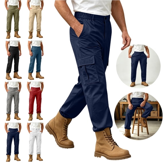 LEKWK Mens Cargo Pants Elastic Waist Relaxed Fit Work Pants With Multi Pockets Stretch Casual for Hiking Camping Outdoor Blue XXXL
