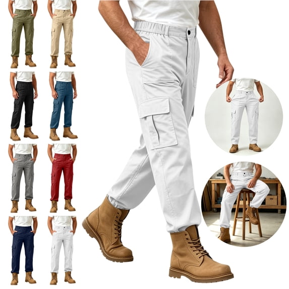 LEKWK Mens Cargo Pants Elastic Waist Relaxed Fit Work Pants With Multi Pockets Stretch Casual for Hiking Camping Outdoor White XXXL