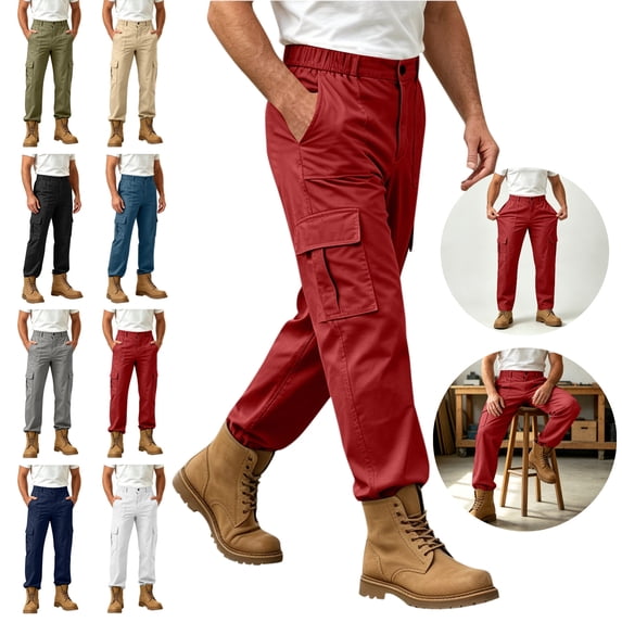 LEKWK Mens Cargo Pants Elastic Waist Relaxed Fit Work Pants With Multi Pockets Stretch Casual for Hiking Camping Outdoor Wine L
