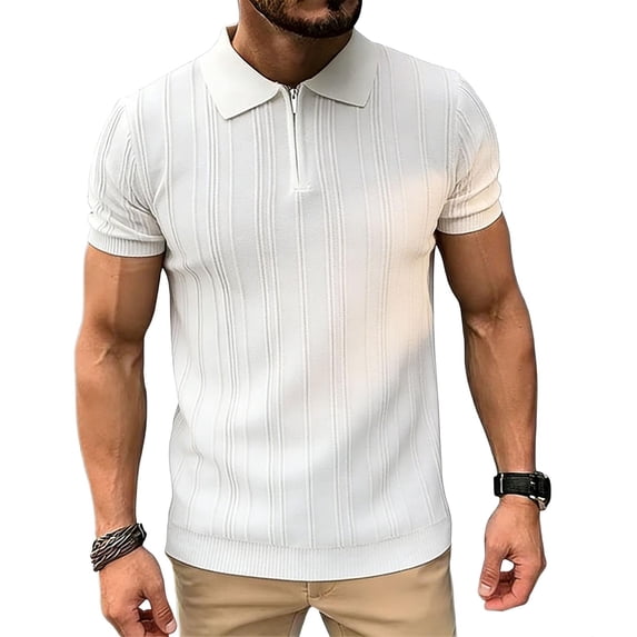 LEKWK Mens Collared Shirt Quarter Zip Vertical Ribbed Texture Short Sleeve Slim Fit Tops Stretch Dressy Casual Business Tees Office Summer Shirts White XL