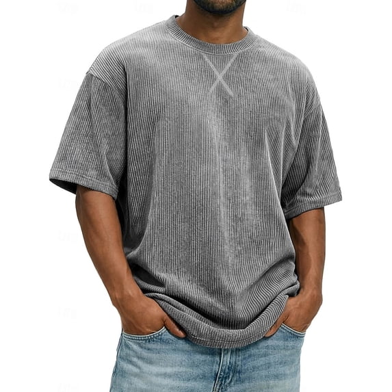 LEKWK Mens Corduroy T Shirt Short Sleeve Crewneck Casual Tops Oversized Drop Shoulder Loose Fit Casual Streetwear Summer Tees Gray M
