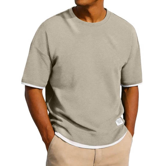 LEKWK Mens Cotton T Shirts Loose Fit Waffle-Texture Casual Shirts Breathable Layered Hem Tee Shirts Soft Crew Neck Short Sleeve Daily Wear