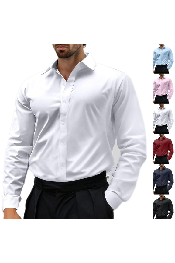 Mens Dress Shirt Long Sleeve Button Down Collared Work Tops Office Slim Fit Solid Color Business Tees formal Casual Tops White L