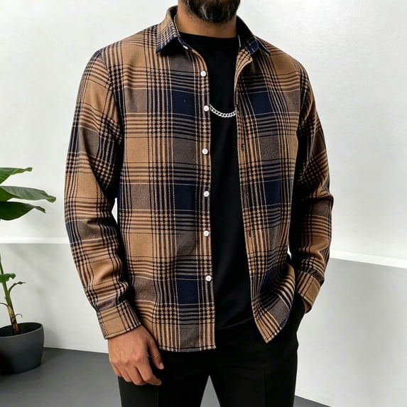 LEKWK Mens Flannel Shirts Plaid Long Sleeve Button Down Shirt Collar Lightweight Fall Winter Casual Outerwear for Business Casual Work Office