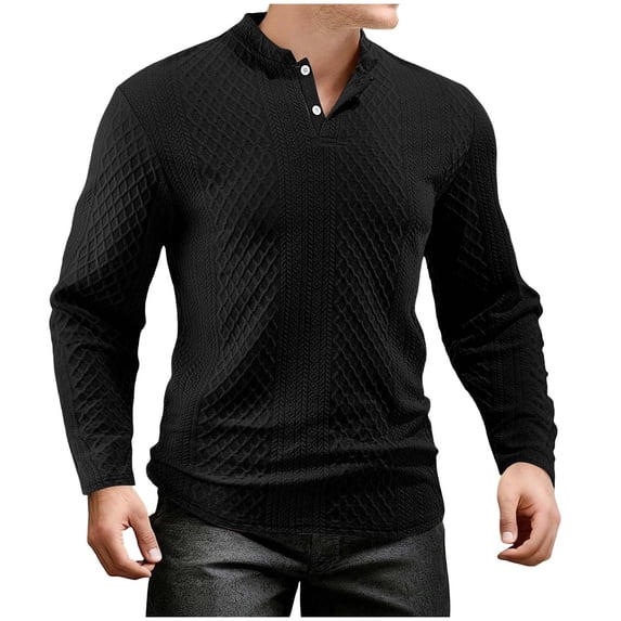 LEKWK Mens Henley Shirts Long Sleeve Muscle Fit Textured Knit Casual Shirts Breathable Button Placket Pullover Sweater Soft Cable Pattern Daily Wear