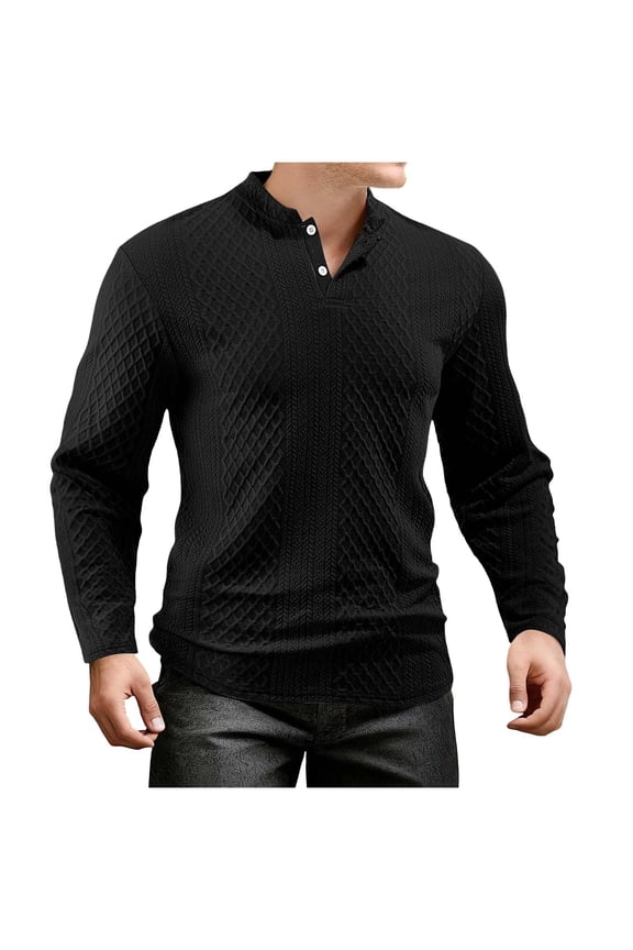 Mens Henley Shirts Long Sleeve Muscle Fit Textured Knit Casual Shirts Breathable Button Placket Pullover Sweater Soft Cable Pattern Daily Wear