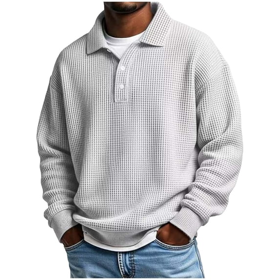 LEKWK Mens Henley Shirts Loose Fit Collared Long Sleeve Shirts Waffle-Texture Casual Shirts Solid Thermal Fall Winter Warm Pullover