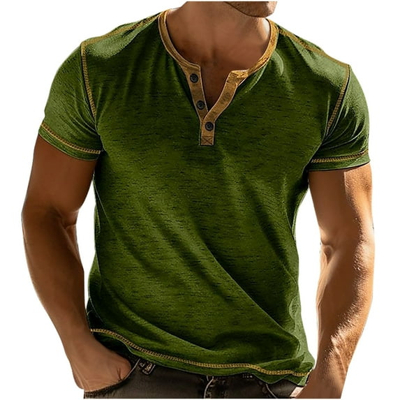 LEKWK Mens Henley Shirts Short Sleeve Contrast Trim Button Placket Vintage T Shirts Grunge Distressed Casual Shirts Soft Slim Fit Summer Daily Fashion Tee