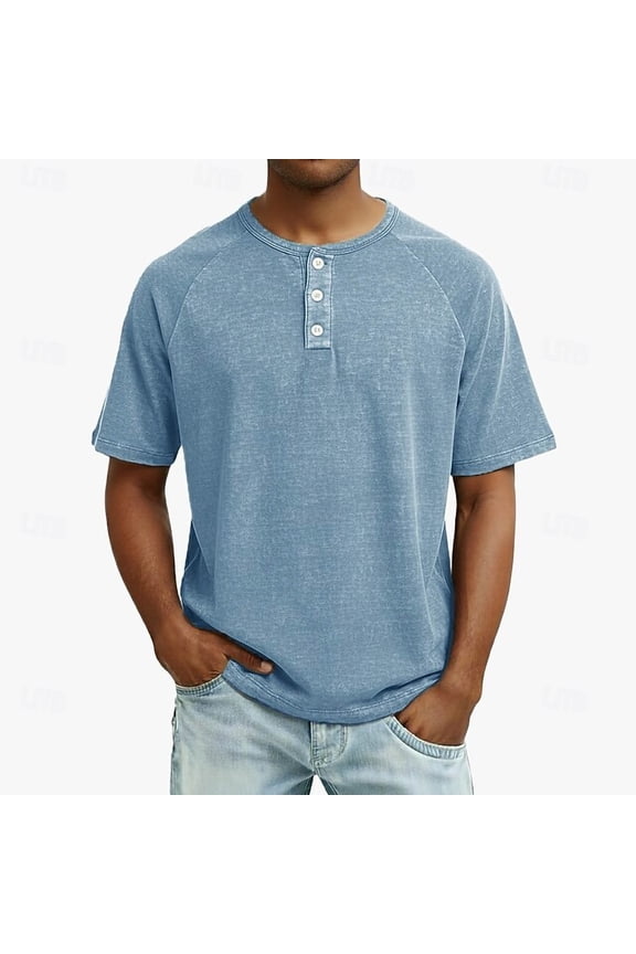 Mens Henley T Shirt Raglan Shoulder Button Placket Casual Tops Washed Short Sleeve Soft Lightweight Tees Relaxed Fit Casual Streetwear Summer Shirts Blue XL