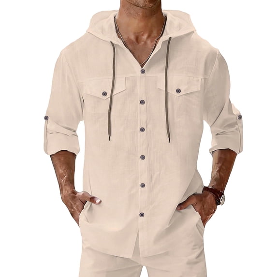 LEKWK Mens Hooded Shirts Long Sleeve Button Down Linen Shirts Look Chest Pockets Beach Shirts Roll Tab Sleeve Summer Vacation Casual