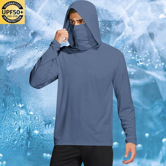 LEKWK Mens Hooded Sun Protection Shirt with Face Cover Lightweight Long Sleeve Breathable Quick Dry Fishing Tops Hiking Workout Athletic Outdoor Shirts Tees Navy M