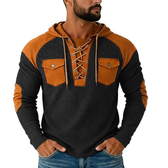 LEKWK Mens Hoodies Pullover Loose Fit Lace up Neck Sweatshirts Breathable Cargo Pockets Long Sleeve Shirts Waffle-Knit Color Block Outdoor Camping