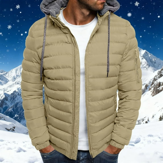 LEKWK Mens Down Jacket with Hood Puffer Jackets Winter Coat Padded Warm Zip Up Quilted Packable Lightweight Puffy Coats with Pockets Outerwear, Beige XL