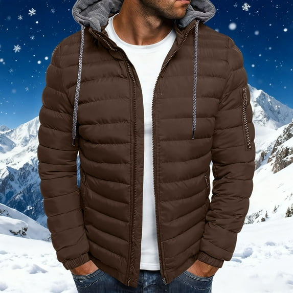 LEKWK Mens Down Jacket with Hood Puffer Jackets Winter Coat Padded Warm Zip Up Quilted Packable Lightweight Puffy Coats with Pockets Outerwear, Brown M
