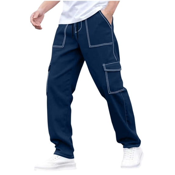 LEKWK Mens Joggers Regular Fit Contrast Stitch Detail Cargo Pants Breathable Fabric Jogger Pants Elastic Drawstring Waist Athletic Training Daily Wear
