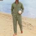 thumbnail image 1 of LEKWK Mens Linen Sets Lightweight 2 Piece Lounge Set Button Down Long Sleeve Shirt and Relaxed Pants Matching Outfits for Beach Vacation Travel, 1 of 5