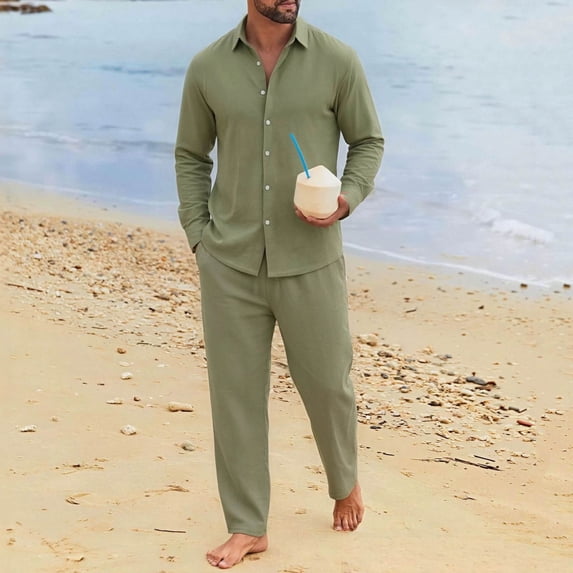 LEKWK Mens Linen Sets Lightweight 2 Piece Lounge Set Button Down Long Sleeve Shirt and Relaxed Pants Matching Outfits for Beach Vacation Travel