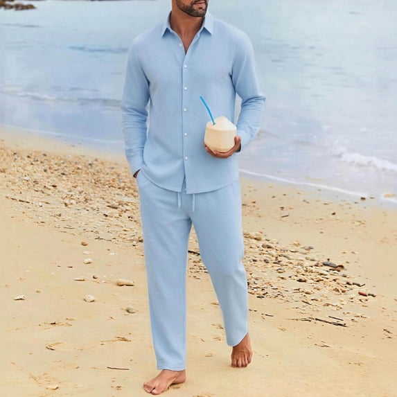 LEKWK Mens Linen Sets Lightweight 2 Piece Lounge Set Button Down Long Sleeve Shirt and Relaxed Pants Matching Outfits for Beach Vacation Travel
