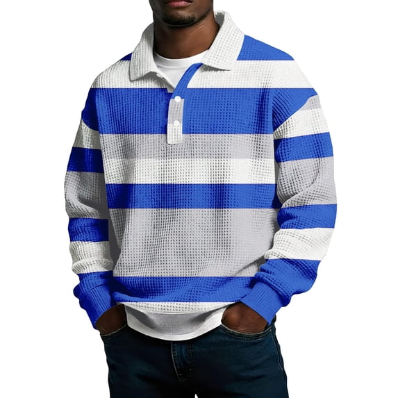 LEKWK Mens Long Sleeve Shirts Waffle-Knit Color Block Striped Shirts Lapel Collar Casual Shirts Breathable Soft Golf Rugby Daily Wear Tops