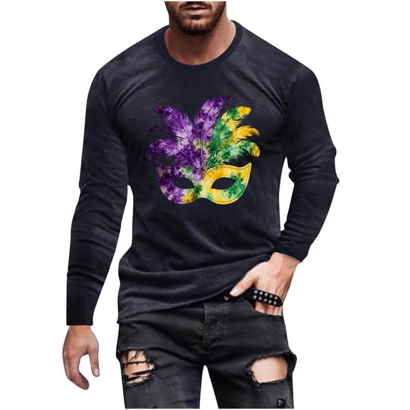 LEKWK Mens Mardi Gras Shirt Feather Mask Graphic Long Sleeve Tee Breathable Novelty Festival Top Carnival Parade Costume Party Holiday Clothing
