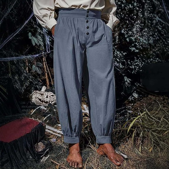 LEKWK Mens Medieval Pants Pirate Renaissance Costume Button Front Pleated Waist Viking Trousers Halloween Cotton Gothic Costume Pants