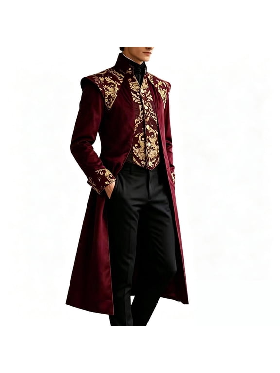 Mens Medieval Steampunk Tailcoat Vintage Gothic Vampire Coat Stand Collar Victorian Prince Costume with Gold Embroidery for Halloween Cosplay