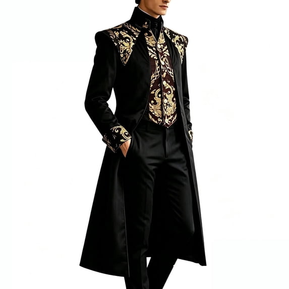 LEKWK Mens Medieval Steampunk Tailcoat Vintage Gothic Vampire Coat Stand Collar Victorian Prince Costume with Gold Embroidery for Halloween Cosplay