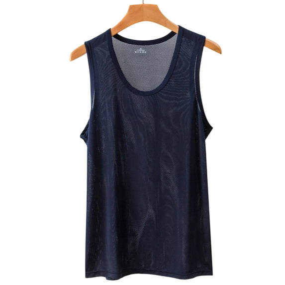 LEKWK Mens Mesh Tank Top Sleeveless Crewneck See Through Breathable Lightweight Athletic Workout Tees Gym Basketball Training Tops Shirts Navy L