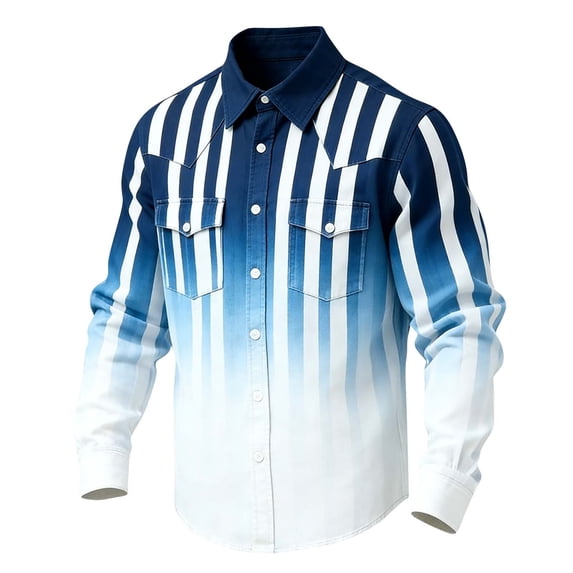 LEKWK Mens Ombre Western Shirt Gradient Striped Long Sleeve Snap Button Top Cowboy Rodeo Style Slim Fit Casual Party Blouse