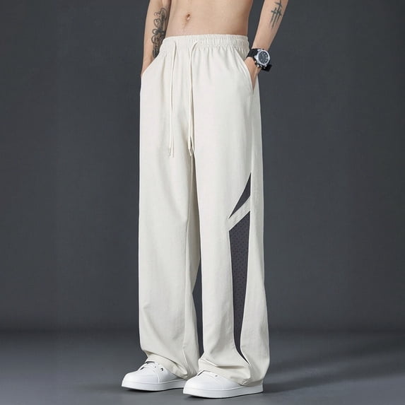 LEKWK Mens Pants Casual Elastic Waist Baggy Straight Leg Pants with Pockets Drawstring Breathable Mesh Loose Fit Sweatpants Summer Fashion Workout Hiking Outfits