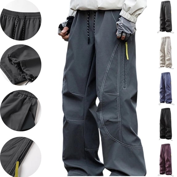 LEKWK Mens Parachute Pants Baggy Fit Durable Windbreaker Fabric Contrast Stitch Detail Cargo Pants Adjustable Drawstring Elastic Hem Techwear Outfits