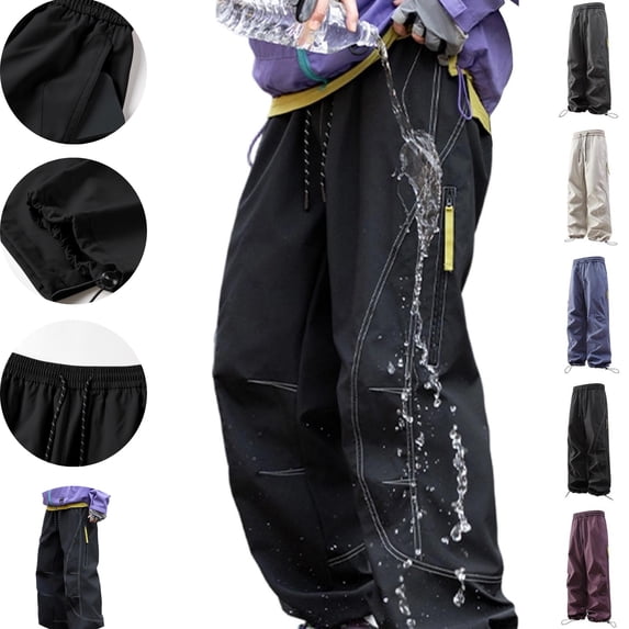 LEKWK Mens Parachute Pants Baggy Fit Durable Windbreaker Fabric Contrast Stitch Detail Cargo Pants Adjustable Drawstring Elastic Hem Techwear Outfits