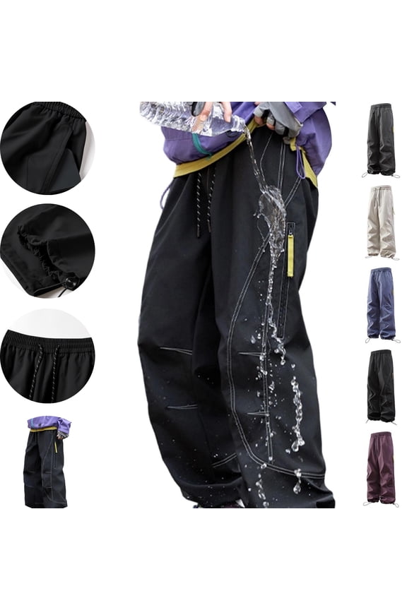 Mens Parachute Pants Baggy Fit Durable Windbreaker Fabric Contrast Stitch Detail Cargo Pants Adjustable Drawstring Elastic Hem Techwear Outfits
