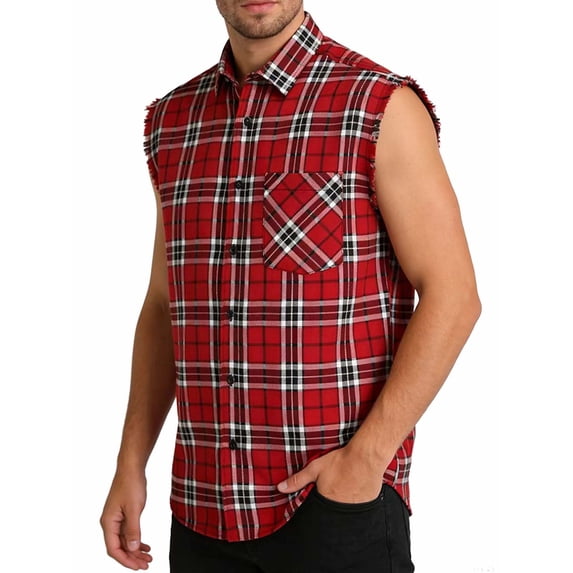 LEKWK Mens Plaid Tank Tops Sleeveless Button Down Streetwear Shirts Collared Flannel Look Armholes Chest Pocket Relaxed Fit Casual Western Summer Tops Shirts Tees Red XXL