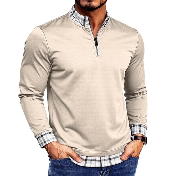 LEKWK Mens Quarter Zip Pullover Shirt Long Sleeve Mock Neck Plaid Summer Tees Trim Lightweight Casual Golf Work Layering Tops Shirts Beige S